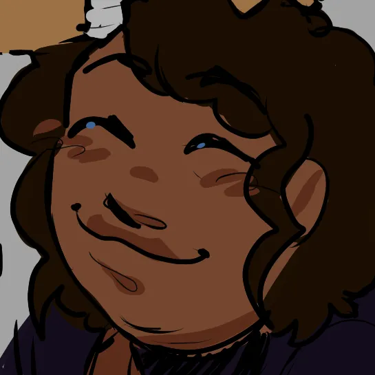 A drawing of a dark-skinned fat person with dark brown, wavy hair that reaches down to his shoulders.