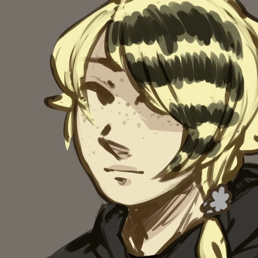 A drawing of a fair-skinned teenage boy with messy, platinum blonde hair. It sweeps over one eye and has black raccoon stripes in it.